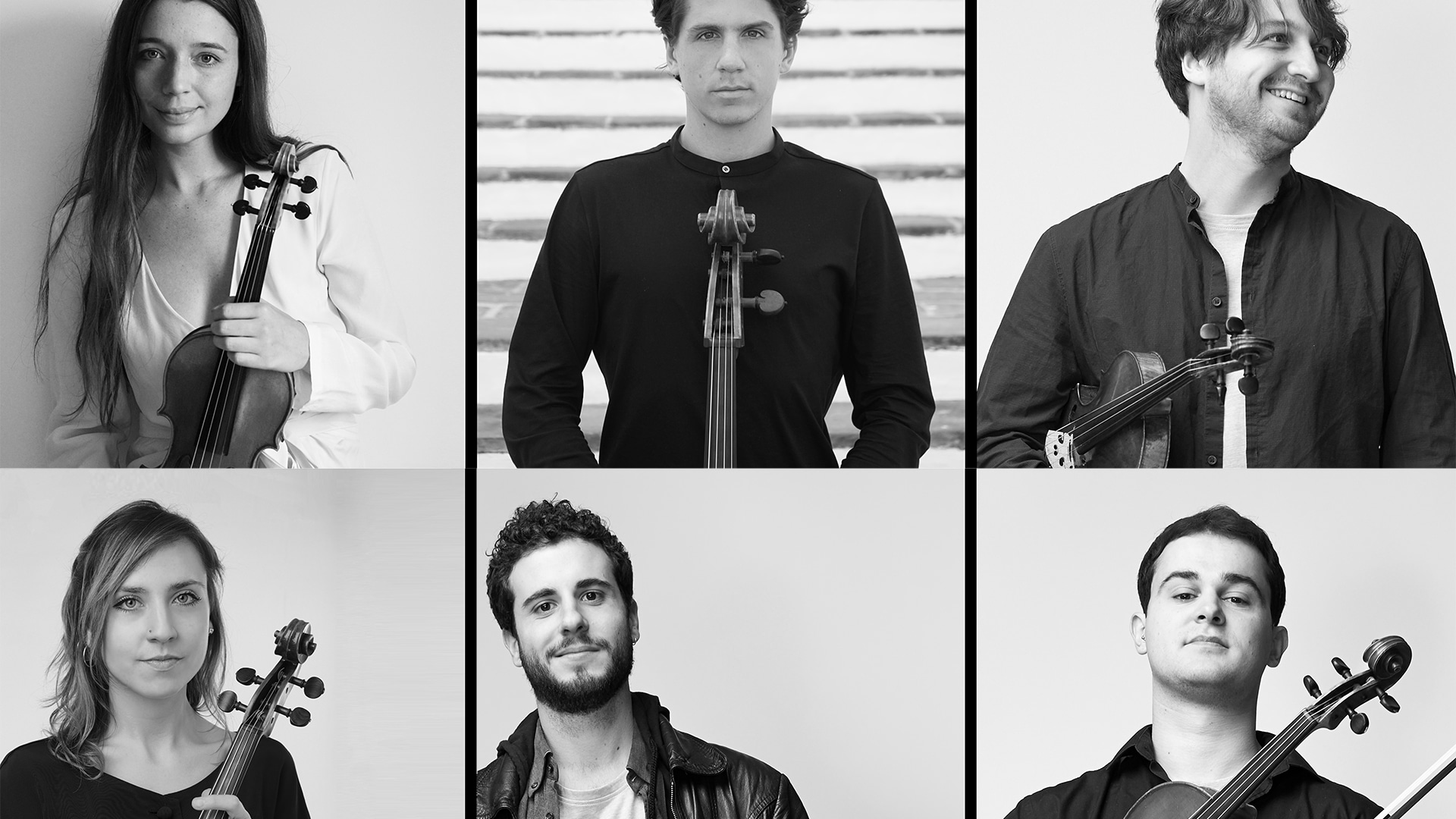 The 12 Ensemble. A grid of 6 photos showing the group holding their string instruments.